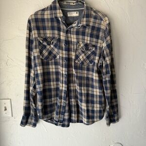 Retrofit Mens Flannel Shirt Medium Plaid Long Sleeve Button Down Blue Tan Casual